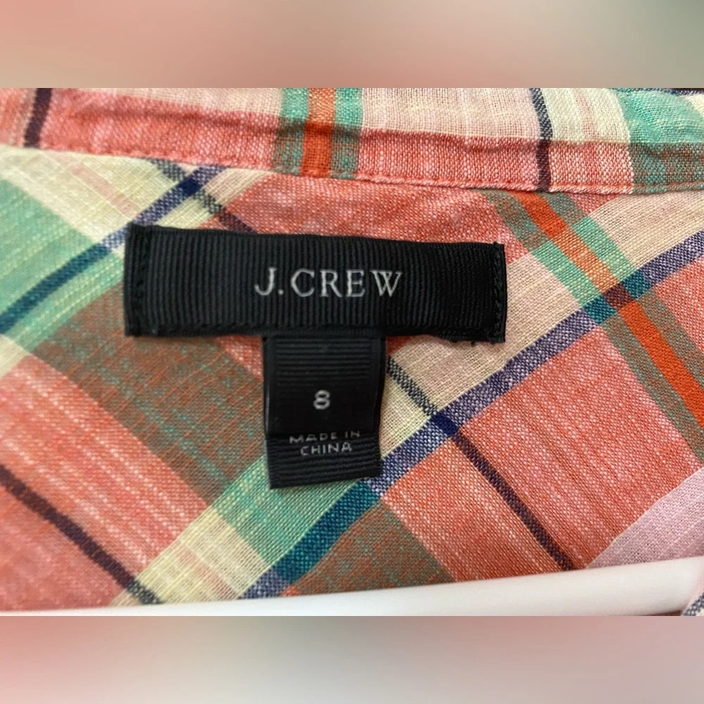 J.Crew womens size 8 ruffled plaid popover shirt melon long sleeve lightweight